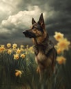 German Shepherd Dog Daffodils Field Royalty Free Stock Photo