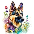 German shepherd dog with flowers. Watercolor illustration on white background. Generative AI animal ai Royalty Free Stock Photo