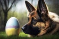 German shepherd dog on grass with easter egg. Generative AI.