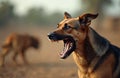 German Shepherd dog growls aggressively with bared teeth. Another dog attacks in blurred background. Dog shows hostile Royalty Free Stock Photo