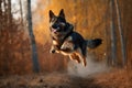 German Shepherd dog in the jump. Dog running, literally flying over the ground. Generative AI Royalty Free Stock Photo