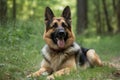 German shepherd dog lying on the grass in the spring or summer day AI Generated Royalty Free Stock Photo