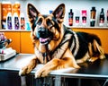 German shepherd dog lying on a grooming table