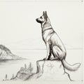 German Shepherd Dog Painting On Top Of Rock - Detailed Illustration