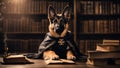 german shepherd dog A playful German Shepherd puppy dressed as a wizard, complete with a cloak and a wand, sitting in a library