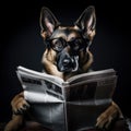 German shepherd dog reading and holding a newspaper Royalty Free Stock Photo