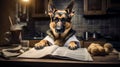 German shepherd dog reading and holding a newspaper in kitchen Royalty Free Stock Photo
