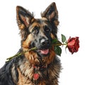 A German Shepherd dog,smiling, happy expressio, rose,Valentine\'s day concept, Romantic,on white background,Generated AI Royalty Free Stock Photo