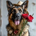 A German Shepherd dog,smiling, happy expression,rose,Valentine\'s day concept, Romantic,white background,Generated AI Royalty Free Stock Photo