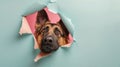 German shepherd dog is sticking its head through a hole in the torn color paper. Copy space