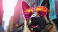 A German Shepherd Dog wearing sunglasses and dressed in a suit on a city street