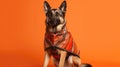 German Shepherd Dog Wearing Traditional Cultural Clothing From Their Heritage On Orange Color Background. Generative AI