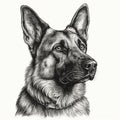 German Shepherd, engraving style, close-up portrait, black and white drawing, cute dog, Royalty Free Stock Photo