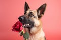 a german shepherd holding a red rose in its mouth, against a pink background