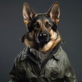 German shepherd in military clothes on a gray background. Studio shot