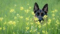 German Shepherd  partially hidden in a field of yellow flowers Royalty Free Stock Photo