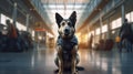 German Shepherd Policeman sits at the airport. Generative AI.