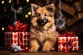 German Shepherd puppy lies on the wooden floor among Christmas red presents, decorated tree in the background Royalty Free Stock Photo