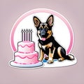 German shepherd puppy with a pink cake, sticker