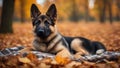 german shepherd puppy A sweet German Shepherd puppy with alert ears and kind eyes, lying on a soft plaid blanket,