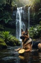 German Shepherd Dog Playing in Waterfall River with Pineapple Royalty Free Stock Photo