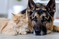 German Shepherd rests beside a golden cat, both on a light floor, blurred background