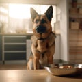 A German Shepherd sits by a bowl of food. The concept of feeding adult dogs. Generative, AI