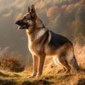 German Shepherd standing atop a hillside blanketed in autumnal hues, AI-generated. Royalty Free Stock Photo