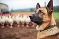 german shepherd watching over turkeys on a farm Royalty Free Stock Photo