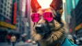 A German Shepherd wearing sunglasses and dressed in a suit on a city street