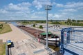 German sluice near Magdeburg with cargo ship in lock chamber