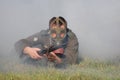 German soldier in gas mask . WW2 reenacting