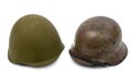 German and Soviet helmets on white background