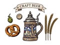 German stein beer mug, Bavarian pretzel, hop cone, bottle cap, barley ears, banner with text Craft Beer. Vector Royalty Free Stock Photo