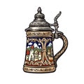 German stein beer mug with decorations in the form of old medieval city. Vector illustration.