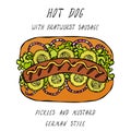 German Style Hot Dog Bratwurst Sausage, Lettuce Salad, Pickled Cucumber, Mustard. Fast Food Collection. Realistic Hand Drawn High