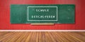 German Text `Schule geschlossen` at green chalkboard, blackboard texture with copy space hangs on red grunge wall and wooden flo Royalty Free Stock Photo