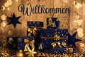 Text Willkommen, Means Welcome, Blue Christmas Gifts, Wooden Winter Decor