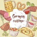 German Traditional Food Hand Drawn Background. Germany Cuisine Menu Template. Food and Drink