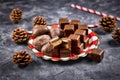 German traditional sweets called `Dominosteine` and and gingerbread hearts, food sold around Christmas season Royalty Free Stock Photo