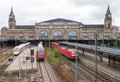 German trains from Deutsche Bahn, arrives at hamburg train station in june 2014