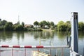 People drive car and biking bicycle go to FerryBoat for crossing Neckar river Royalty Free Stock Photo