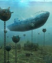 German U-Boat in an Underwater Minefield Royalty Free Stock Photo