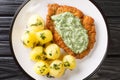 German veal schnitzel with boiled new potatoes and green sauce close-up in a plate. horizontal top view