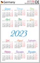 German vertical pocket calendar for 2023. Week starts Monday