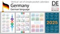 German vertical set of pocket calendar for 2025. Week starts Monday