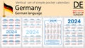 German vertical set of pocket calendar for 2024. Week starts Sunday