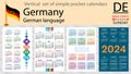 German vertical set of pocket calendar for 2024. Week starts Sunday