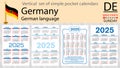 German vertical set of pocket calendar for 2025. Week starts Sunday