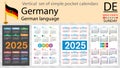 German vertical set of pocket calendar for 2025. Week starts Sunday